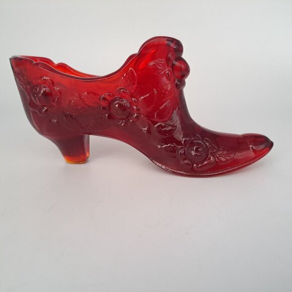 Fenton Ruby Red Glass Victorian Shoe Figurine Cabbage Rose Pattern - Picture 6 of 12